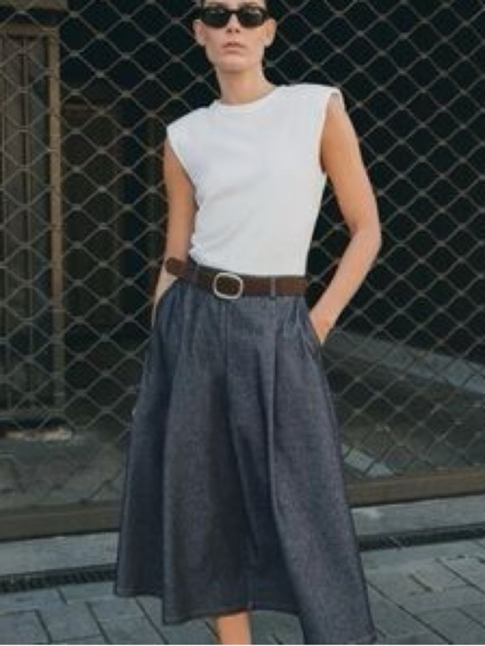 ZARA Combination Belted Midi Dress Sleeveless Top & Pleated Denim Skirt Size XS